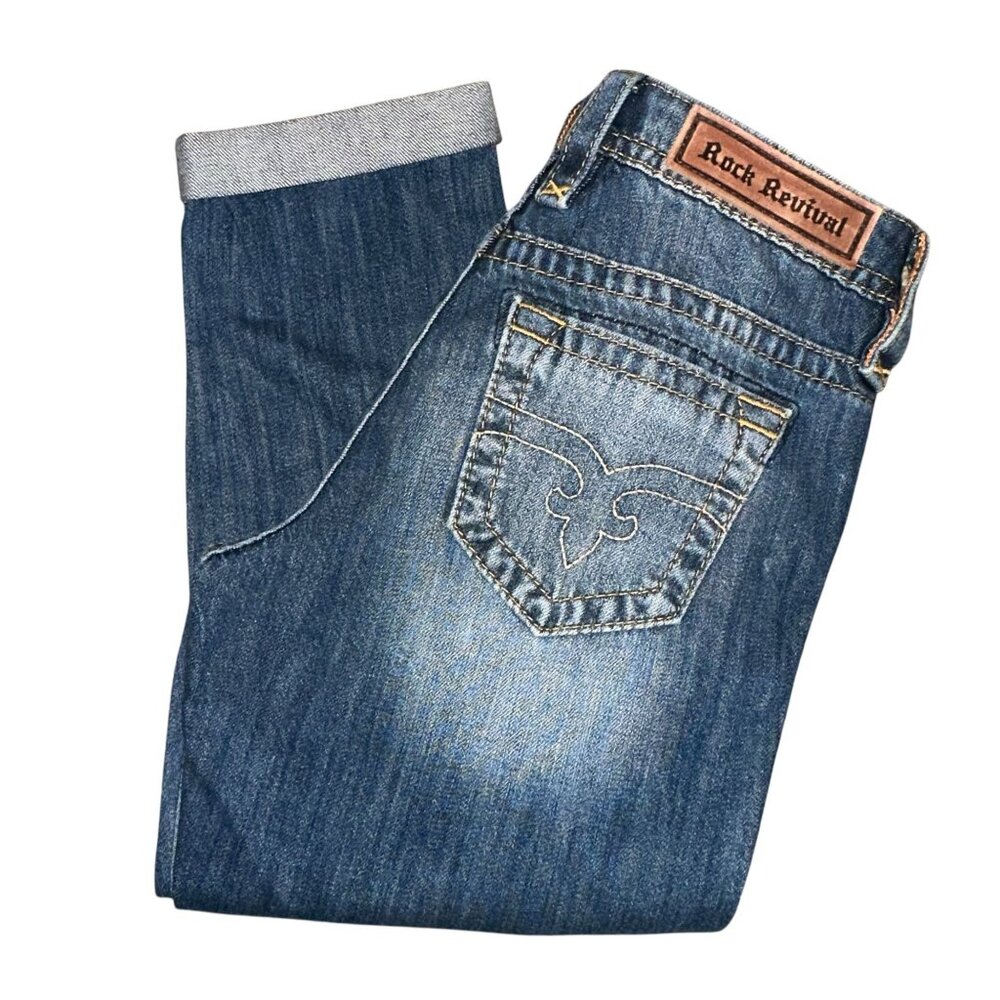 Rock Revival Anabela Boyfriend Crop Womens Jeans 26 22 Cuffed Distressed Blue